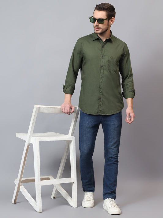 Men's Olive Solid Slim Fit Full Sleeve Casual Shirt
