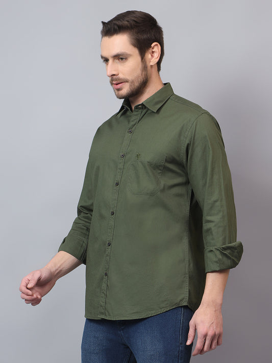 Men's Olive Solid Slim Fit Full Sleeve Casual Shirt