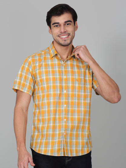 Men's Mustard Slim Fit Checkered Half Sleeve Casual Shirt