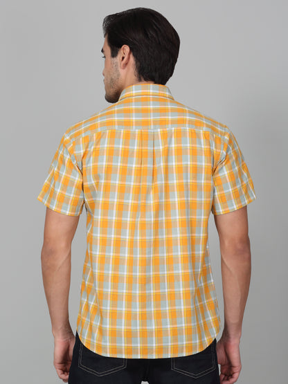 Men's Mustard Slim Fit Checkered Half Sleeve Casual Shirt