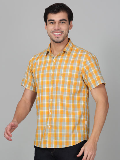 Men's Mustard Slim Fit Checkered Half Sleeve Casual Shirt