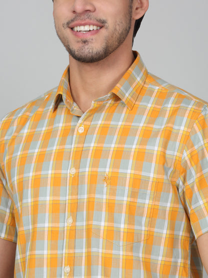 Men's Mustard Slim Fit Checkered Half Sleeve Casual Shirt