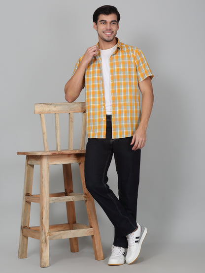 Men's Mustard Slim Fit Checkered Half Sleeve Casual Shirt