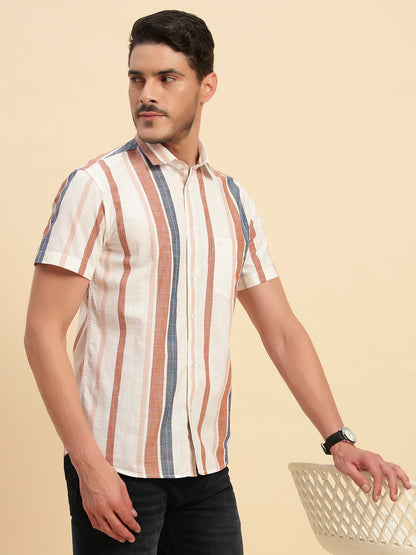 Casual Shirt for Men | Breathable & Soft with Color Fastness Regular Fit Spread Collar Neck Cotton Fabric Striped Pattern