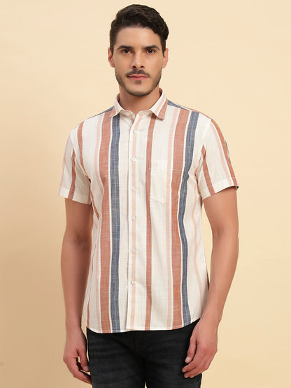 Casual Shirt for Men | Breathable & Soft with Color Fastness Regular Fit Spread Collar Neck Cotton Fabric Striped Pattern