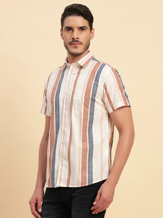 Casual Shirt for Men | Breathable & Soft with Color Fastness Regular Fit Spread Collar Neck Cotton Fabric Striped Pattern