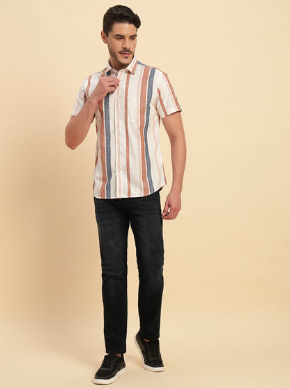 Casual Shirt for Men | Breathable & Soft with Color Fastness Regular Fit Spread Collar Neck Cotton Fabric Striped Pattern
