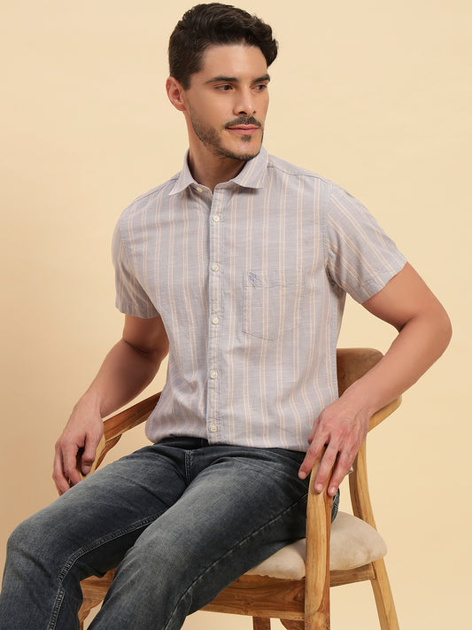 Casual Shirt for Men | Breathable & Soft with Color Fastness Regular Fit Spread Collar Neck Cotton Fabric Striped Pattern