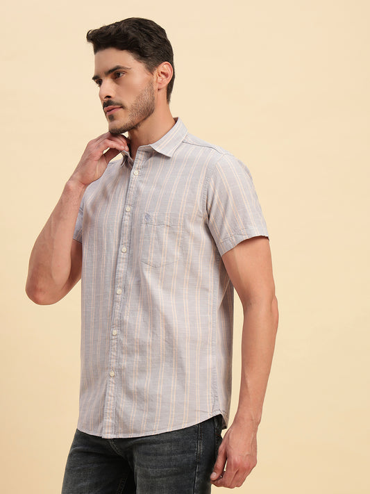 Casual Shirt for Men | Breathable & Soft with Color Fastness Regular Fit Spread Collar Neck Cotton Fabric Striped Pattern