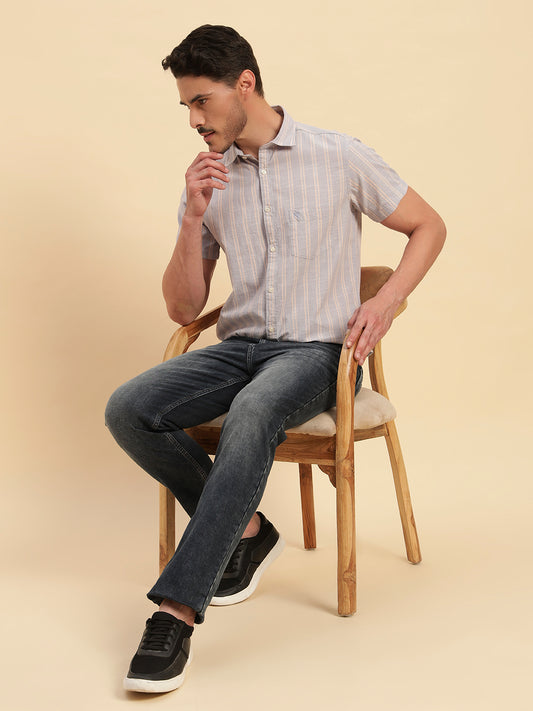 Casual Shirt for Men | Breathable & Soft with Color Fastness Regular Fit Spread Collar Neck Cotton Fabric Striped Pattern