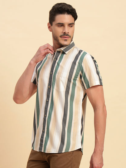Casual Shirt for Men | Breathable & Soft with Color Fastness Regular Fit Spread Collar Neck Cotton Fabric Striped Pattern