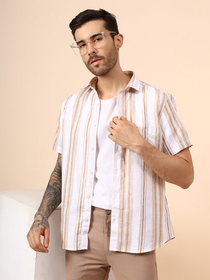 Casual Shirt for Men | Breathable & Soft with Color Fastness Regular Fit Spread Collar Neck Poly Cotton Fabric Striped Pattern
