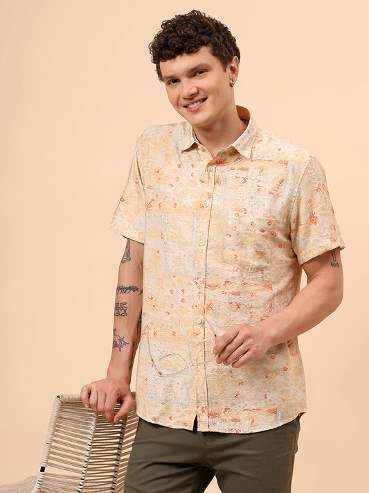 Casual Shirt for Men | Breathable & Soft with Color Fastness Regular Fit Spread Collar Neck Viscose Fabric Printed Pattern