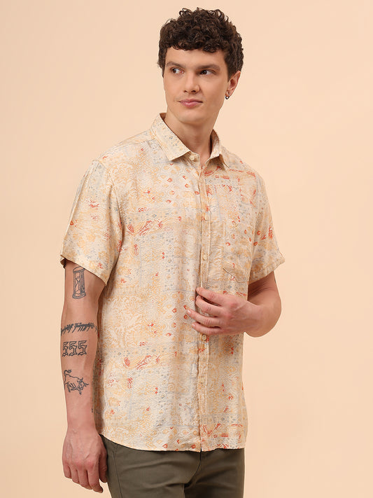 Casual Shirt for Men | Breathable & Soft with Color Fastness Regular Fit Spread Collar Neck Viscose Fabric Printed Pattern