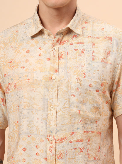 Casual Shirt for Men | Breathable & Soft with Color Fastness Regular Fit Spread Collar Neck Viscose Fabric Printed Pattern