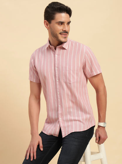 Casual Shirt for Men | Breathable & Soft with Color Fastness Regular Fit Spread Collar Neck Cotton Fabric Striped Pattern