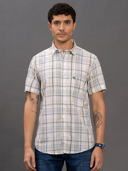 Men's Green Slim Fit Checkered Half Sleeve Casual Shirt