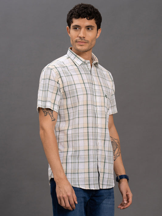 Men's Green Slim Fit Checkered Half Sleeve Casual Shirt