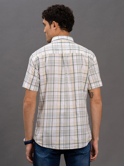 Men's Green Slim Fit Checkered Half Sleeve Casual Shirt