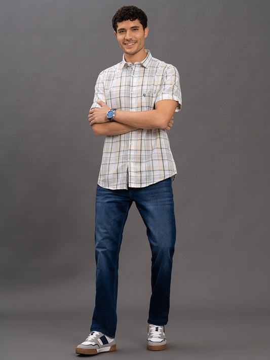 Men's Green Slim Fit Checkered Half Sleeve Casual Shirt