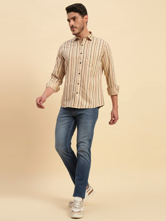 Casual Shirt for Men | Breathable & Soft with Color Fastness Regular Fit Spread Collar Neck Cotton Fabric Striped Pattern