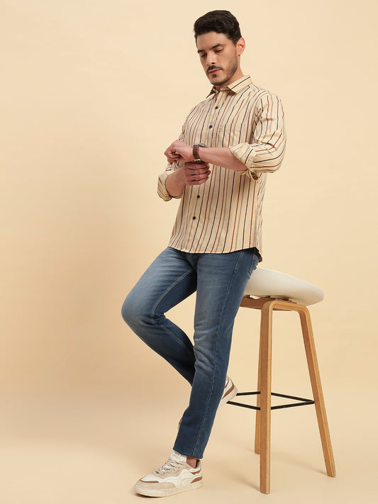 Casual Shirt for Men | Breathable & Soft with Color Fastness Regular Fit Spread Collar Neck Cotton Fabric Striped Pattern