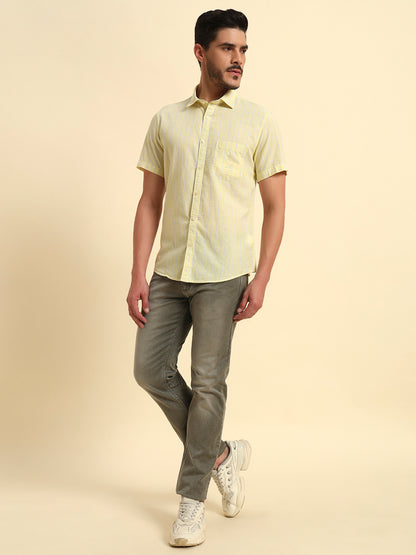 Casual Shirt for Men | Breathable & Soft with Color Fastness Regular Fit Spread Collar Neck Cotton Fabric Striped Pattern