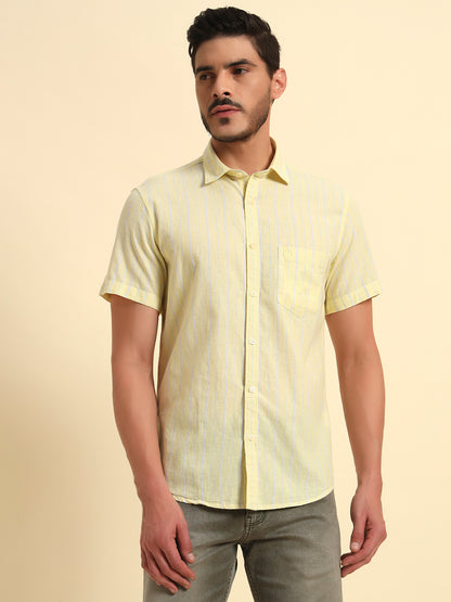 Casual Shirt for Men | Breathable & Soft with Color Fastness Regular Fit Spread Collar Neck Cotton Fabric Striped Pattern
