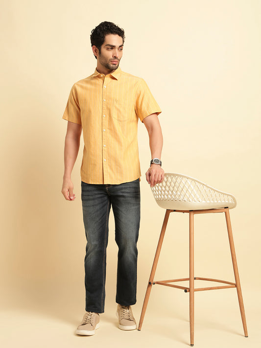 Casual Shirt for Men | Breathable & Soft with Color Fastness Regular Fit Spread Collar Neck Cotton Fabric Striped Pattern