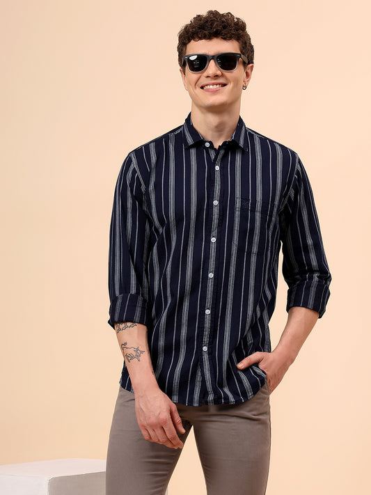 Casual Shirt for Men | Breathable & Soft with Color Fastness Regular Fit Spread Collar Neck Cotton Fabric Striped Pattern