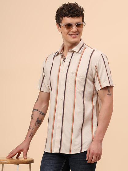 Casual Shirt for Men | Breathable & Soft with Color Fastness Regular Fit Spread Collar Neck Cotton Fabric Striped Pattern