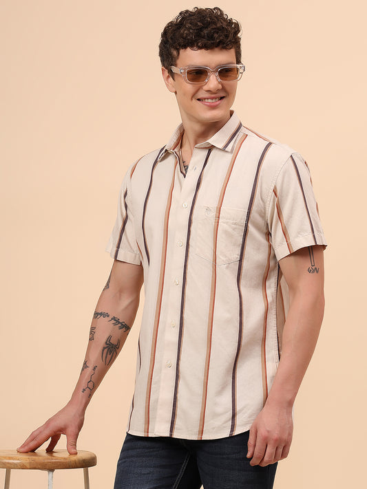 Casual Shirt for Men | Breathable & Soft with Color Fastness Regular Fit Spread Collar Neck Cotton Fabric Striped Pattern
