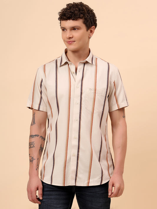 Casual Shirt for Men | Breathable & Soft with Color Fastness Regular Fit Spread Collar Neck Cotton Fabric Striped Pattern