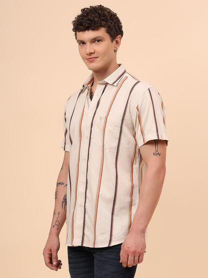 Casual Shirt for Men | Breathable & Soft with Color Fastness Regular Fit Spread Collar Neck Cotton Fabric Striped Pattern