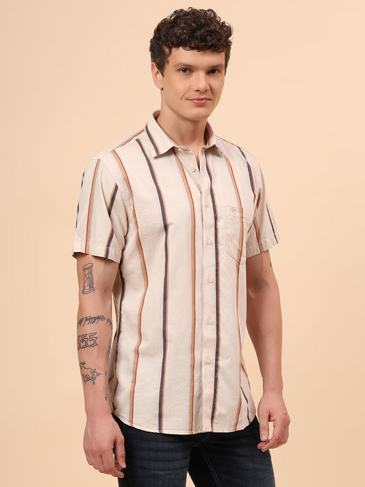 Casual Shirt for Men | Breathable & Soft with Color Fastness Regular Fit Spread Collar Neck Cotton Fabric Striped Pattern