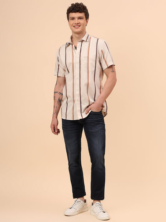 Casual Shirt for Men | Breathable & Soft with Color Fastness Regular Fit Spread Collar Neck Cotton Fabric Striped Pattern