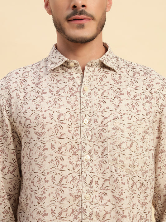 Casual Shirt for Men | Breathable & Soft with Color Fastness Regular Fit Spread Collar Neck Cotton Linen Fabric Printed Pattern