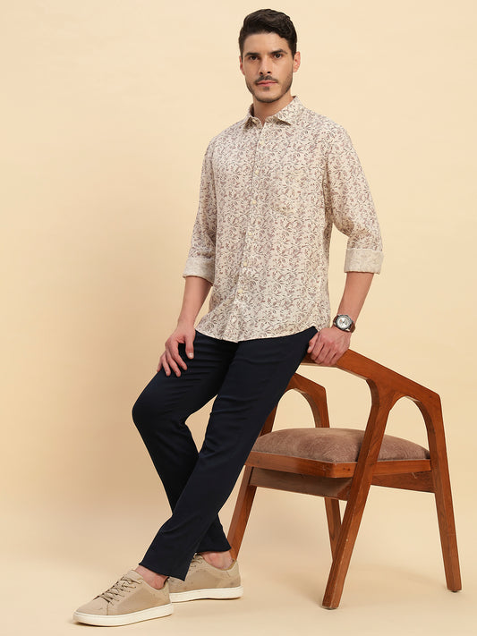Casual Shirt for Men | Breathable & Soft with Color Fastness Regular Fit Spread Collar Neck Cotton Linen Fabric Printed Pattern