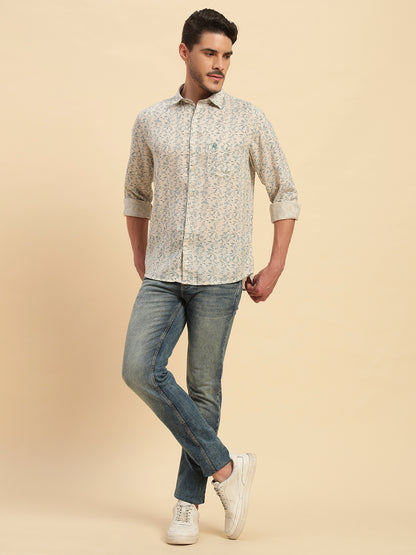 Casual Shirt for Men | Breathable & Soft with Color Fastness Regular Fit Spread Collar Neck Cotton Linen Fabric Printed Pattern