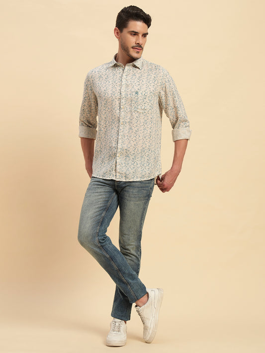 Casual Shirt for Men | Breathable & Soft with Color Fastness Regular Fit Spread Collar Neck Cotton Linen Fabric Printed Pattern
