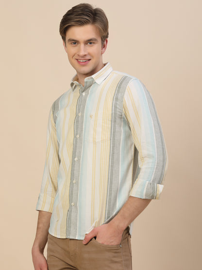 Casual Shirt for Men | Breathable & Soft with Color Fastness Regular Fit Spread Collar Neck Cotton Fabric Striped Pattern