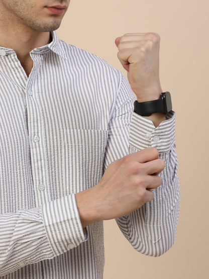 Casual Shirt for Men | Breathable & Soft with Color Fastness Regular Fit Spread Collar Neck Cotton Fabric Striped Pattern