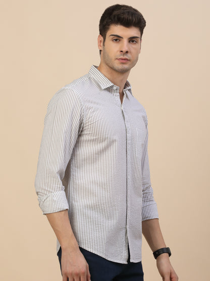 Casual Shirt for Men | Breathable & Soft with Color Fastness Regular Fit Spread Collar Neck Cotton Fabric Striped Pattern
