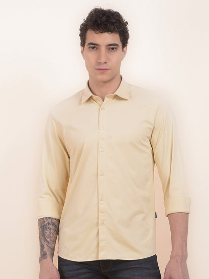 Men's Pale Yellow Self Design Slim Fit Full Sleeve Casual Shirt