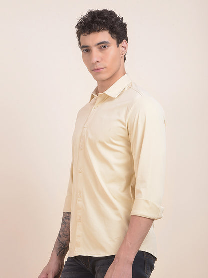Men's Pale Yellow Self Design Slim Fit Full Sleeve Casual Shirt
