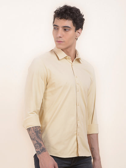 Men's Pale Yellow Self Design Slim Fit Full Sleeve Casual Shirt