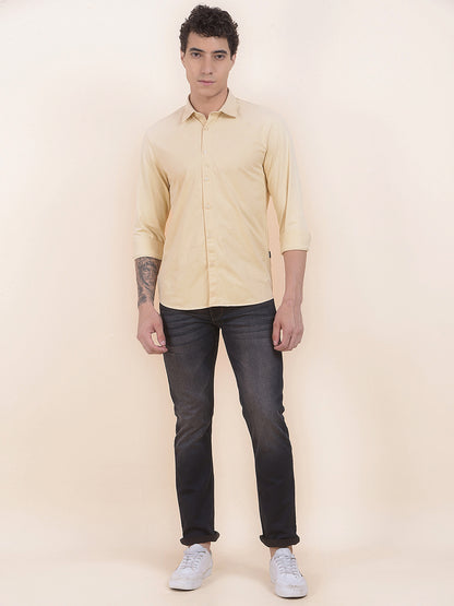 Men's Pale Yellow Self Design Slim Fit Full Sleeve Casual Shirt