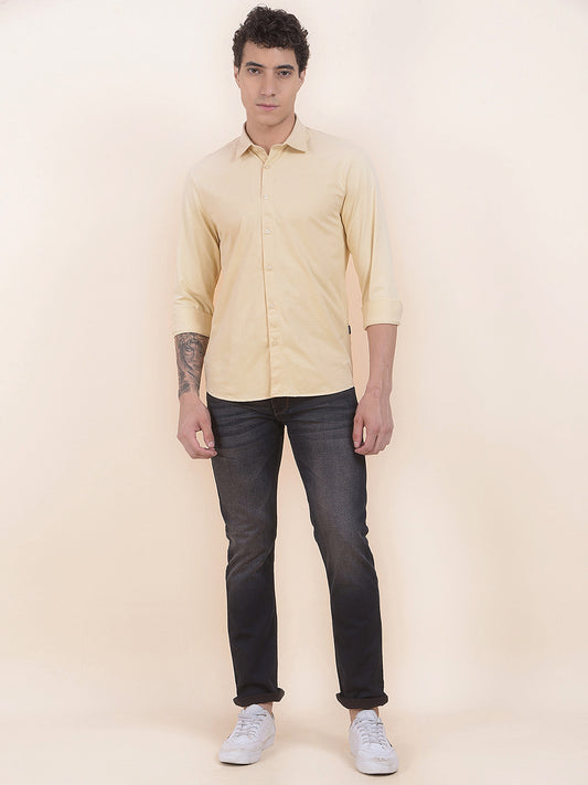 Men's Pale Yellow Self Design Slim Fit Full Sleeve Casual Shirt