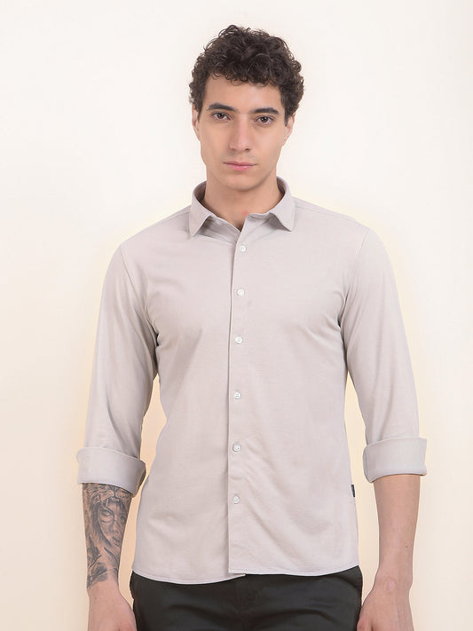 Men's Sand Grey Self Design Slim Fit Full Sleeve Casual Shirt