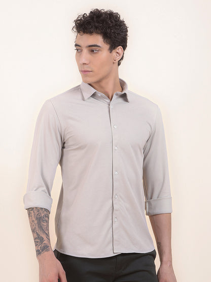 Men's Sand Grey Self Design Slim Fit Full Sleeve Casual Shirt
